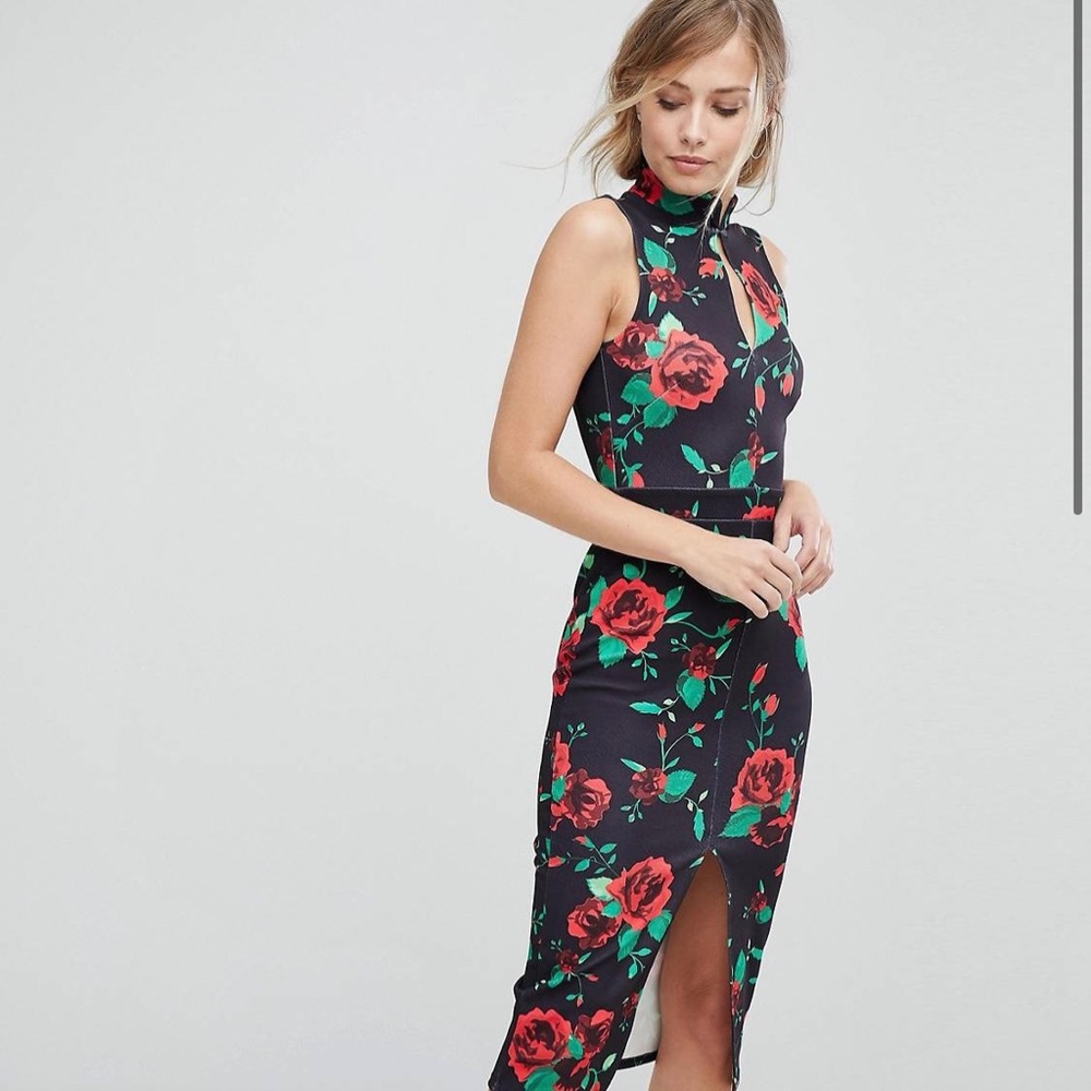 Silver Bloom Printed High Neck Midi Dress